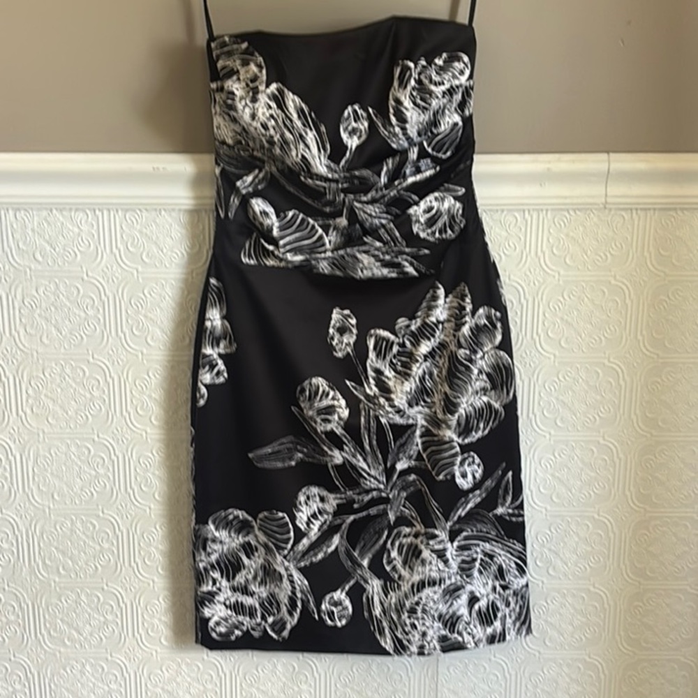 White House Black Market Strapless Black Dress with White Floral Design size 2